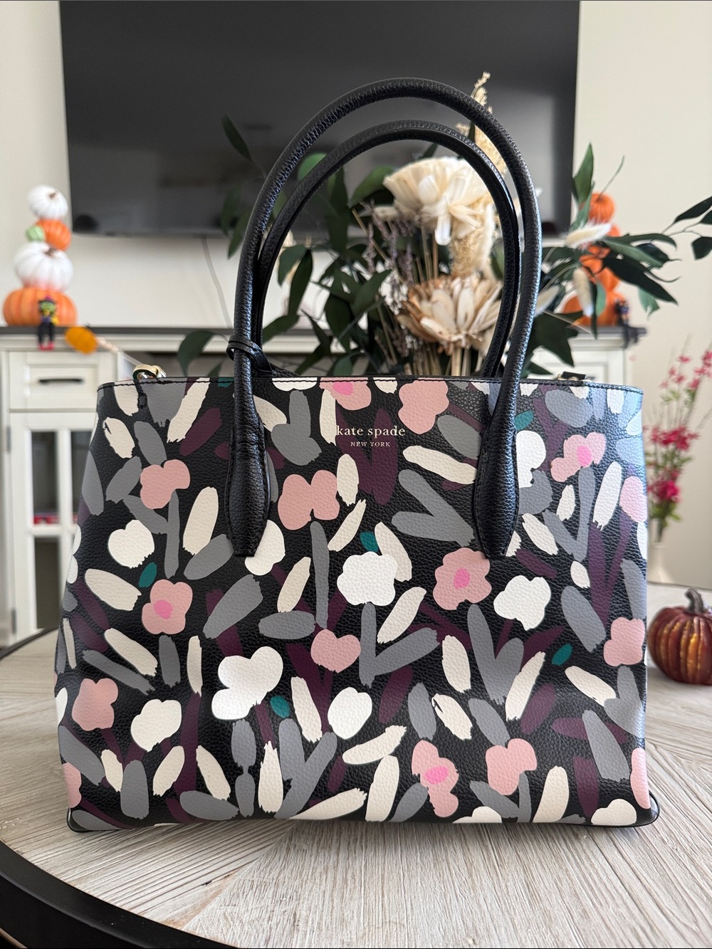 kate spade Black Floral Print Leather Tote with Pink & White Accents